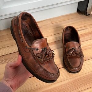 Bass Brown Leather Kiltie Tassel Boat Shoes Mens 9.5 Preppy Slip On Loafers VTG